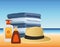Summer time in beach vacations towels hat sun bronzer and sunblock spray