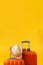 Summer time concept. Close up of two travel bags suitcases, straw hat and sunglasses on yellow background with copy space