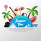 Summer time design background vector with watermelon, camera, glasses, guitar, beach ball and umbrella beach vector