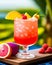 Summer time, exotic cocktails, fruits and sea