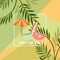 Summer time exotic travel poster with umbrella, swimming flamingo and palm leaves vector illustration.
