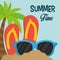 Summer time flip flop sunglasses palm sand