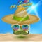 Summer time of funny attractive watermelon in stylish sunglasses, mexican sombrero on summer beach background.