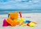 Summer time and kids toys on tropical sand beach