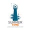 Summer time logo. Lighthouse with palm. Vector flat illustration.