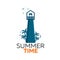 Summer time logo. Lighthouse with palm. Vector flat illustration.