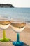 Summer time in Provence, drinking of cold gris rose wine on sandy beach and blue sea near Toulon, Var department, France