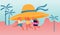 Summer Time Season, Vacation Concept. Tiny People Carry Huge Tropical Hat Enjoying Summertime Holidays