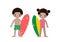 Summer time and set of cute surfer African-american children character with surfboard on beach. Happy young surfer