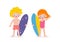Summer time and set of cute surfer Caucasian children character with surfboard on beach. Happy young surfer on the crest wave