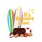 Summer time with surfboard and stuff illustration one