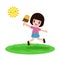 Summer time template banner, Cute little kids holding ice cream and jumping feeling happy in hot sunny day vacation flat cartoon