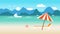 Summer time with umbrella ball chair on beach. boat in sea and sun bird fly bright over blue sky cloud mountain background. concep