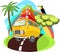 Summer time vacation illustration. Camper van, minibus . Beach ocean tropical theme vacation.