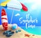 Summer time vector banner design. It`s summer time text in beach background with tropical season elements like umbrella, surfboard