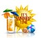 Summer time vector concept design. It`s summer time text with 3d tropical season elements like sun, orange juice and beachball.