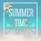 Summer time vector design banner with Illustration of feet with nails, shells, swimsuit, parasol, sand, the