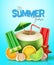 Summer time vector poster design. It`s summer time text with coconut juice, popsicle and fruit 3d realistic element for summer.