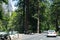 Summer tour over the US natural parks. Tourist car on the observation deck in the Yosemite National Park