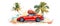 Summer tourism, travel, trip. Cartoon modern illustration of a red car with a pile of luggage bags on the roof near a