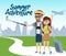 Summer travel adventure vector concept design. Summer adventure text with tourist characters taking phone picture and travelling.