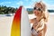 Summer Travel Beach Vacation. Happy Woman With Surfboard. Summer