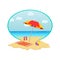 Summer travel. Beautiful landscape, summer holidays. Vector design. Beach scene with umbrella, beach ball, flip flops