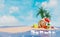 Summer travel concept with sternwheel, palm tree, lifebuoy, seaside, suitcase, yellow duck, sandals, boat, crab, beach isolated on