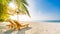 Summer travel destination background. Summer beach scene, sun beds sun umbrella and palm trees