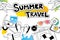 Summer travel doodle symbol and objects icon design for beach ba