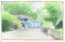 Summer travel road landscape pencil sketch. Blue house in green forest handdrawn illustration. Summer travel memories