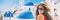 Summer travel tourist girl smiling on Santorini Europe holiday. Vacation panoramic banner landscape on the three blue