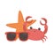 Summer travel and vacation beach crab starfish and sunglasses isolated design icon