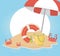 Summer travel and vacation float umbrella bucket crabs beach sand sea