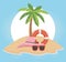 Summer travel and vacation lifebuoy hat sunglasses palm sand beach
