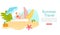 Summer travel, vacation to tropical sea islands, woman in bikini with coctail on beach web banner cartoon flat vector