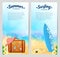 Summer travel vector banners set with travelers suitcase, red striped hat and surfing board on sandy beach background