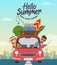 Summer travel vector concept design. Hello summer text with traveler character in car with beach element like surf board.