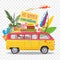 Summer travel vector illustration with bus. Beach concept.