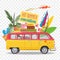 Summer travel vector illustration with bus. Beach concept.