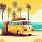 Summer Travel Yellow Car Van with Luggage for Summer Escapes. Generative AI