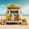 Summer Travel Yellow Car Van with Luggage for Summer Escapes. Generative AI