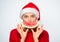 Summer treats on christmas party. Exotic christmas concept. Christmas girl eat watermelon. Exotic winter holiday