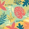 Summer trend abstract background with bright tropical leaves and plants on pastel background. Vector design. Jungle print. Floral