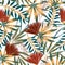 Summer trend seamless pattern with bright tropical leaves, plants and flowers on a light background. Vector design. Jung print. Fl