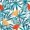 Summer trend seamless pattern with bright tropical leaves, plants and flowers on white background. Vector design. Jung print. Flor