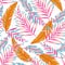 Summer trend seamless pattern with bright tropical leaves and plants on a white background. Vector design. Jung print. Floral back