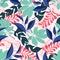 Summer trend seamless pattern with tropical leaves and plants on pastel background. Vector design. Jung print. Floral background.