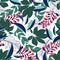 Summer trend seamless pattern with tropical leaves and plants on white background. Vector design. Jung print. Floral background. P