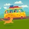Summer trip vector illustration. Surfing bus illustration with place for your text